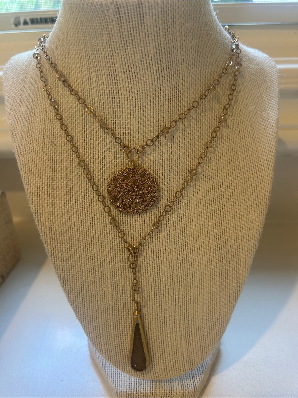 Layered Gold-Tone Pendant adjustable Necklace with druzy Teardrop adjustable